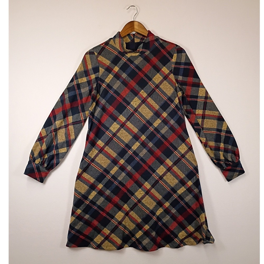 Dark Academia JH Women Medium Multicolor Plaid Mock Neck Long Sleeve Shift Dress